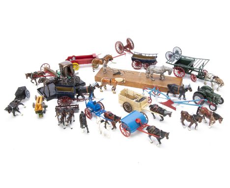 A lot of 54mm scale horse drawn farm vehicles by HM of GB and others, Tumbrel, Beast Wagon, Roller, plough, etc, with a selec