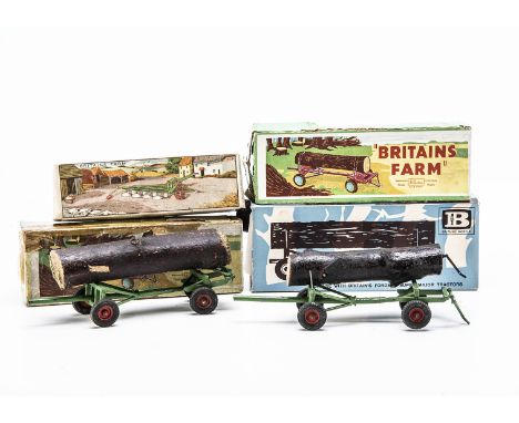 Britains tractor drawn Timber Trailers comprising 129F (2) and 9560 with 138F 4-Furrow Plough,  129F missing 4 pins to hold l