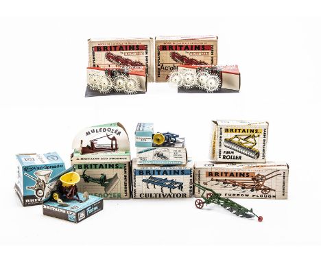Britains late 1960s / early 1970s tractor-drawn farm implements in their display boxes comprising 176F Acrobat Rake (2),  953