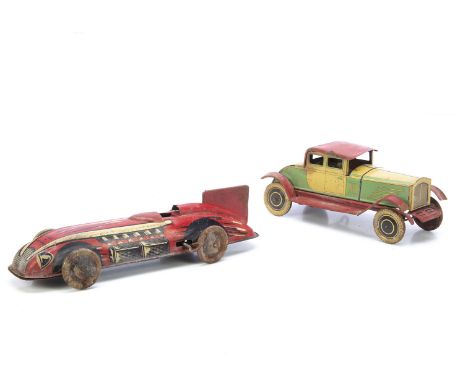 Wells Brimtoy Tinplate Clockwork Toys, Coupé, green/yellow body, red roof and chassis, 'WL1933' reg, fixed key mechanism, Rac