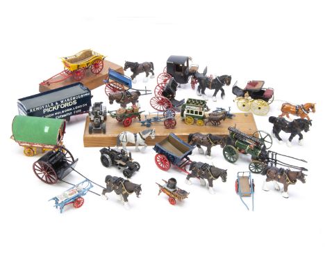 A lot of sub-54mm scale horse drawn farm vehicles mainly by PMD with some others, Pickford's van, Gypsy caravan, tumbrel, 4 w