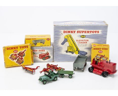 Dinky Toys Farm and Garden Models, 963 Heavy Tractor, 323 Triple Gang Mower, 322 Disc Harrow, 964 Elevator Loader, 428 Traile