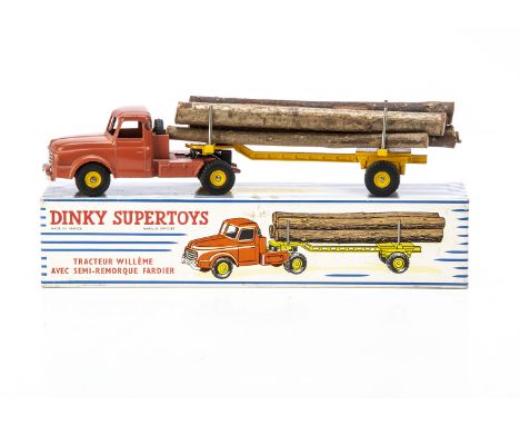 A French Dinky Toys 897 Willème Log Lorry, orange tractor, solid yellow semi-trailer, six logs, in original box, VG, box VG