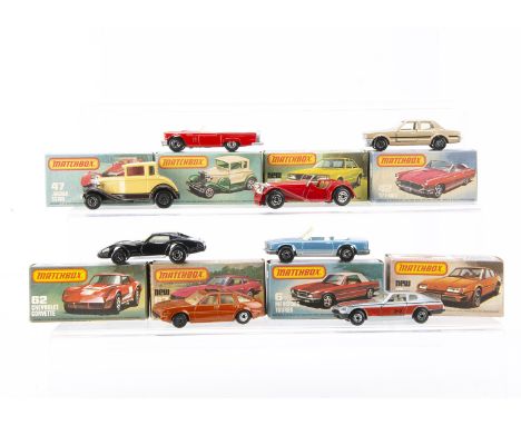 Late Issue Matchbox Superfast Cars, 62 Chevrolet Corvette, 67 Datsun, 8 Rover 3500, 6 Mercedes Tourer, 73 Model A Ford, 47 Ja