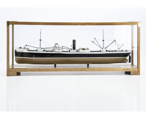 A fine scratchbuilt model of cargo ships SS 'Bradfyne', wood and metal construction, tan and black hull with white band, supe