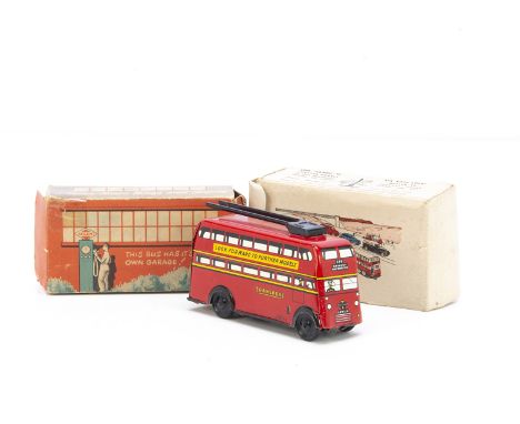 Wells Brimtoy Pocketoy 516 Tinplate London Transport red clockwork Trolley Bus ,  with a key, in an original 'Garage' Box and