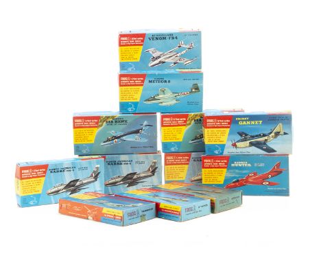 Vintage FROG 1:72 Scale Aircraft Kits, a boxed collection, comprises 320 Hunter, 321 Sabre (3) one minus stand, 326 Meteor, 3