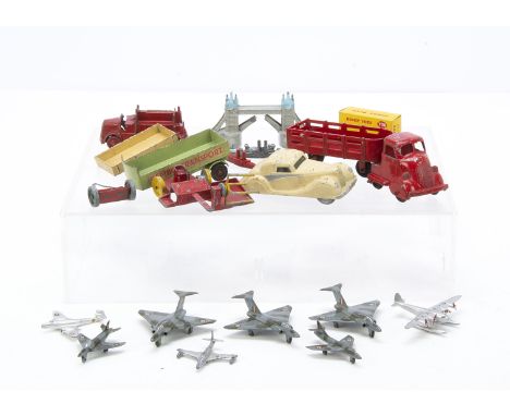 British Diecast, including Eebee Toys Tower Bridge with one ship, Charbens Fire Engine, Marx Lumar Transport Truck, Dinky Toy