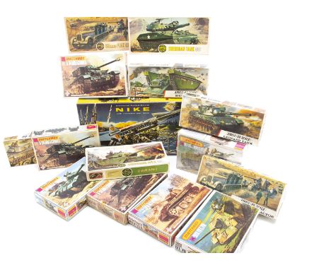 WWII and Later Military Kits, a boxed collection includes a FROG M550:149 NIKE Antiaircraft Guided Missile Launcher 1:32 scal