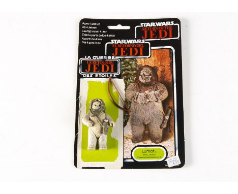 Vintage Star Wars Last 17 Lumat Action Figure, with original hood, bow, quiver and ROTJ tri-logo 70C cardback, Clipper sticke