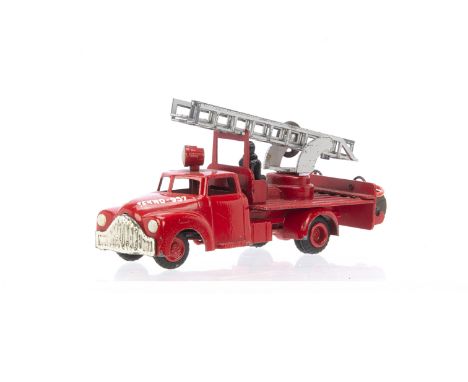 A Tekno 957 Dodge Ladder Fire Truck, red body and hubs, silver extending ladder, removable hose reel, firefighter figure, G, 