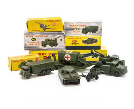 Dinky Toys 660 Tank Transporter, 651 Centurion Tank, 661 Recovery Tractor, 622 10-Ton Army Truck, 692 5.5 Medium Gun, 626 Mil