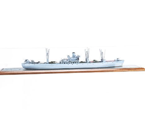 Large scale waterline model of a WWII Liberty vessel, wood with metal detail, finished in Naval grey with good deck detail in