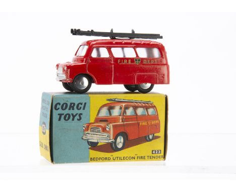 A Corgi Toys 423 Bedford 'Utilecon' Fire Tender, red body, black ladder, 'Fire Dept' decals, flat spun hubs, in original box,