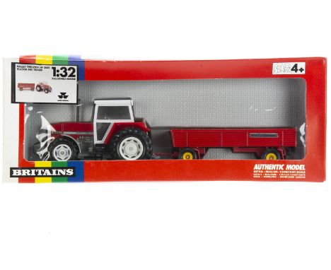 Britains Petite era rare boxed set 9608 Massey Ferguson MF3680 Tractor with Trailer, VG in G box - slightly crushed, 