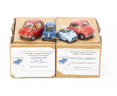 Bubble Cars by Various Makers, SAMS Model Cars white metal 1/43 1965/66 Peel Trident, 1964 Peel P50, in original boxes, loose