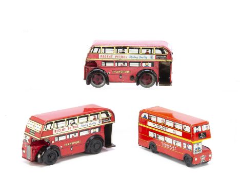 Three Wells Brimtoy Tinplate clockwork and Friction Drive London Transport Double Deck Buses including a Routemaster, Route 2