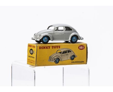 A Dinky Toys 181 Volkswagen Saloon, light grey body, mid-blue ridged hubs, in original box, E, box G