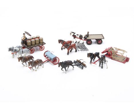 Horse drawn farm implements by HM of GB or PMD, white metal with plastic accessories comprising roller, Brewers Dray, flat be