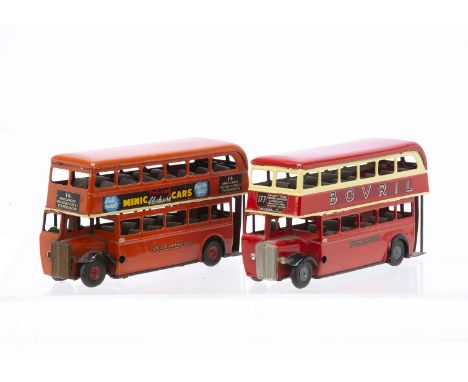 Two Tri-ang Minic tinplate clockwork London Transport  Double Deck Buses, earlier model red with cream border to upper window