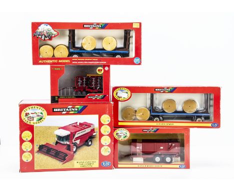 Britains post 1980 boxed farm tractors and implements comprising 0054 Massey Ferguson 7200 Combine Harvester,   9591 Flat Bed