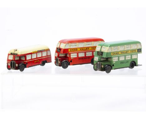 Chad Valley 6'' tinplate clockwork Double and Single Deck buses, red Double Deck Route 38A Victoria, number plate CV10071, VG