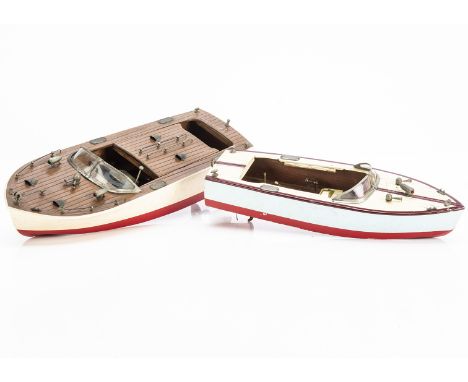 Pair of Japanese wooden-construction electric-drive Model Motor Launches, red/white hull with varnished deck and metal fittin