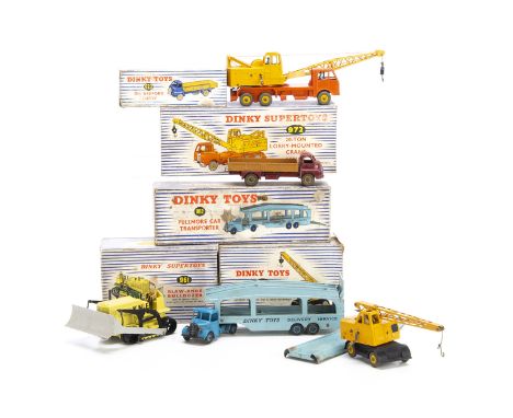 Dinky Toy Commercial Vehicles, 982 Pullmore Car Transporter with Loading Ramp, 971 Coles Mobile Crane, 961 Blaw-Knox Bulldoze