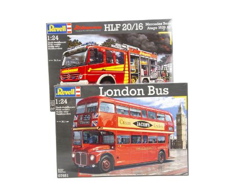 Revell 1:24 Scale Bus and Fire Engine Kits, two boxed examples 07651 London Bus and  07525 Mercedes Benz Atego 1529 fire engi