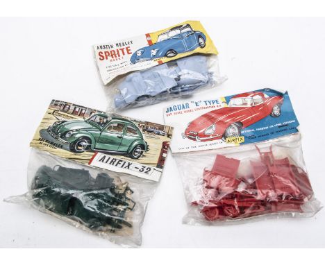 Airfix Bagged Car Kits, three factory sealed 1:32 scale examples, M6C Volkswagen De Lux Sedan, M5C Jaguar E Type and M2C Aust