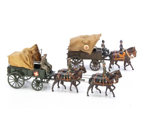 Britains loose horse drawn RAMC wagons (2) from set 145 comprising post WW2 version in late dark green colour,  1 seated figu