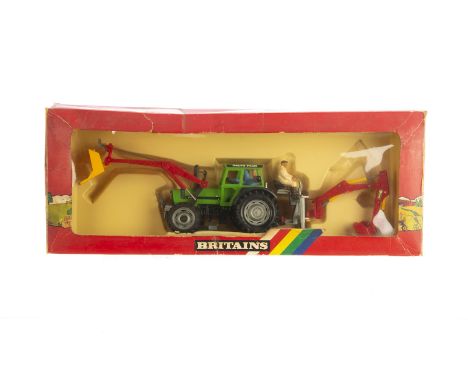 Britains boxed Farm Gift Set 9613 Deutz-Fahr DX92 Tractor with Front Loader and Rear Digger, contents VG, box slightly worn, 