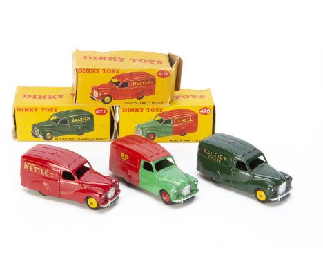 Dinky Toy Austin A40 Vans, 470 'Shell-BP', green/red body, red hubs, 471 'Nestles', red body, yellow hubs, 472 'Raleigh Cycle