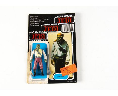 Vintage Star Wars Last 17 Barada Action Figure, with original staff and ROTJ tri-logo 70D cardback, Clipper sticker to revers