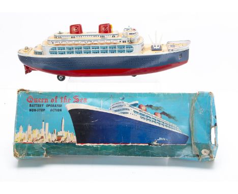 A Japanese Masudaya TM Modern Toys 3240 Battery-Operated floor model of Passenger Liner 'Queen of the Seas', red and blue hul