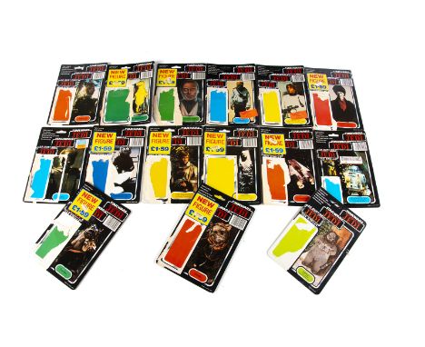 Vintage Star Wars ROTJ Tri-Logo Last 17 Action Figure Cardbacks, Imperial Gunner, Luke Skywalker In Battle Poncho, Han Solo I