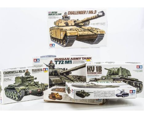 Tamiya WWII and later Tank Plastic Kits,  a boxed group of six 1:35 scale kits, comprises 35221 Cromwell MKIV, 35142 Russian 