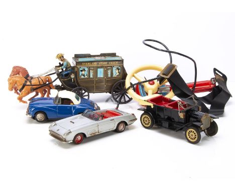 Japanese Tinplate Toys, Masudaya battery-operated Overland Stage Coach, Bandai 4103 battery-operated Ferrari Gear Shift Car, 