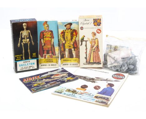 Airfix 1:6/1:12 Scale Figure Kits and Catalogues, four boxed examples 1:6 scale A301N Skeleton, 1:12 scale 03543 Queen Elizab