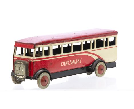 Chad Valley 12'' Tinplate clockwork  single deck bus, in red and cream with Chad Valley on both sides, number plate CV1946, c