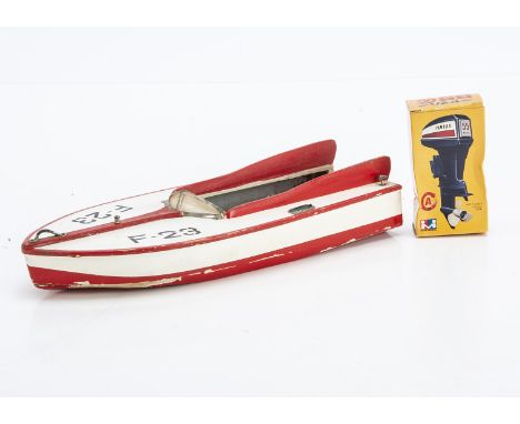 Japanese wooden-construction Model Speed boat with unused Yamaha 55 Outboard Motor, finished in white with red detailing, bat