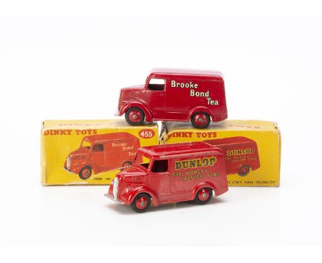 Dinky Toy Trojan Vans, 455 'Brooke Bond Tea', cherry red body and hubs, 'Brooke Bond Tea' logo, 451 'Dunlop', red body and hu