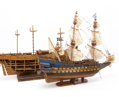 A kit/scratchbuilt cut out model of a three masted Galleon with open Crow's Nest and showing excellent interior detail togeth