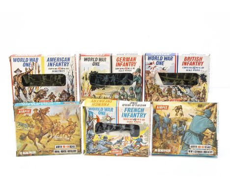 Vintage Airfix HO/OO Scale Boxed Figure Sets,  six boxed WW1 Sets, S27 48 British Infantry, S29 48 American Infantry, all on 