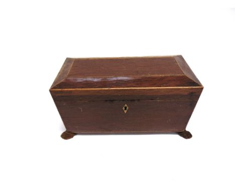 A VICTORIAN TEA CADDY OF SARCOPHAGUS FORM  the fitted interior with twin compartments and glass bowl, 31cm wide