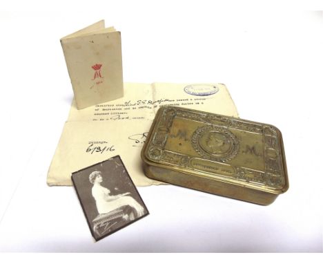 A GREAT WAR PRINCESS MARY CHRISTMAS 1914 BRASS GIFT TIN  with original card and printed portrait; together with a certificate