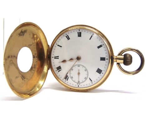 ANONYMOUS, A GOLD HALF HUNTER POCKETWATCH stamped '18k', the white enamel dial with black Roman numerals, gilt hands and sunk