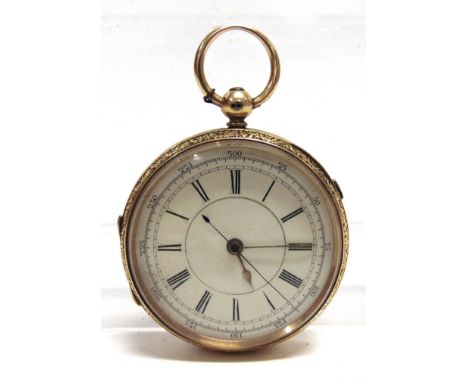 H. BERNSTEIN, MANCHESTER  an 18 carat gold open faced pocketwatch with stopwatch action, the white enamel dial with black Rom