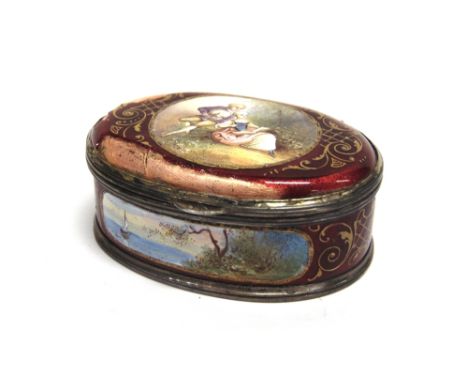A CONTINENTAL OVAL ENAMEL BOX  in the French style, indistinct marks to the base, 6.3cm long, 74g (2.3 troy ozs) gross
