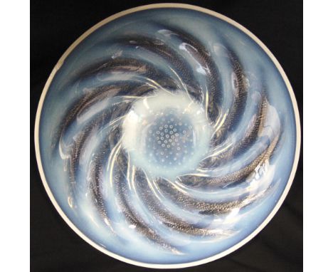 A RENE LALIQUE 'POISSONS' OPALESCENT GLASS CHARGER  moulded with fish and bubbles, acid etched 'R LALIQUE FRANCE' to centre, 